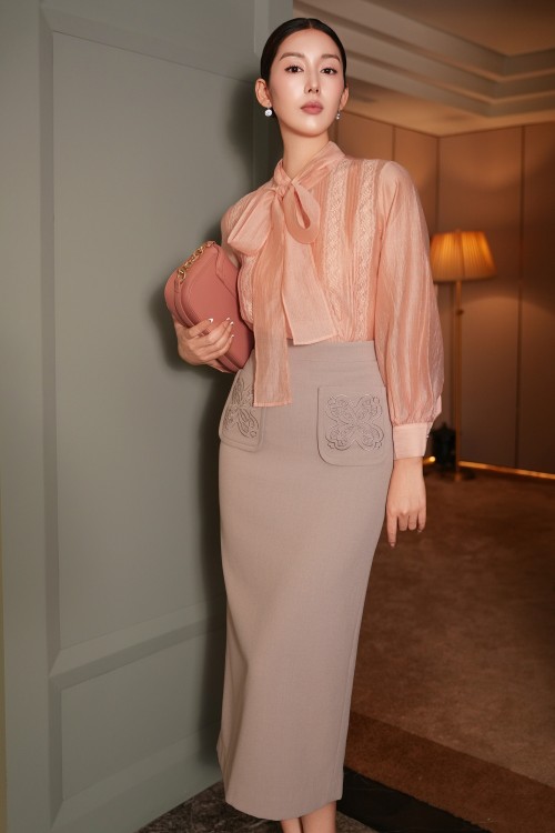 Sixdo Light Grey Woven Pencil Skirt